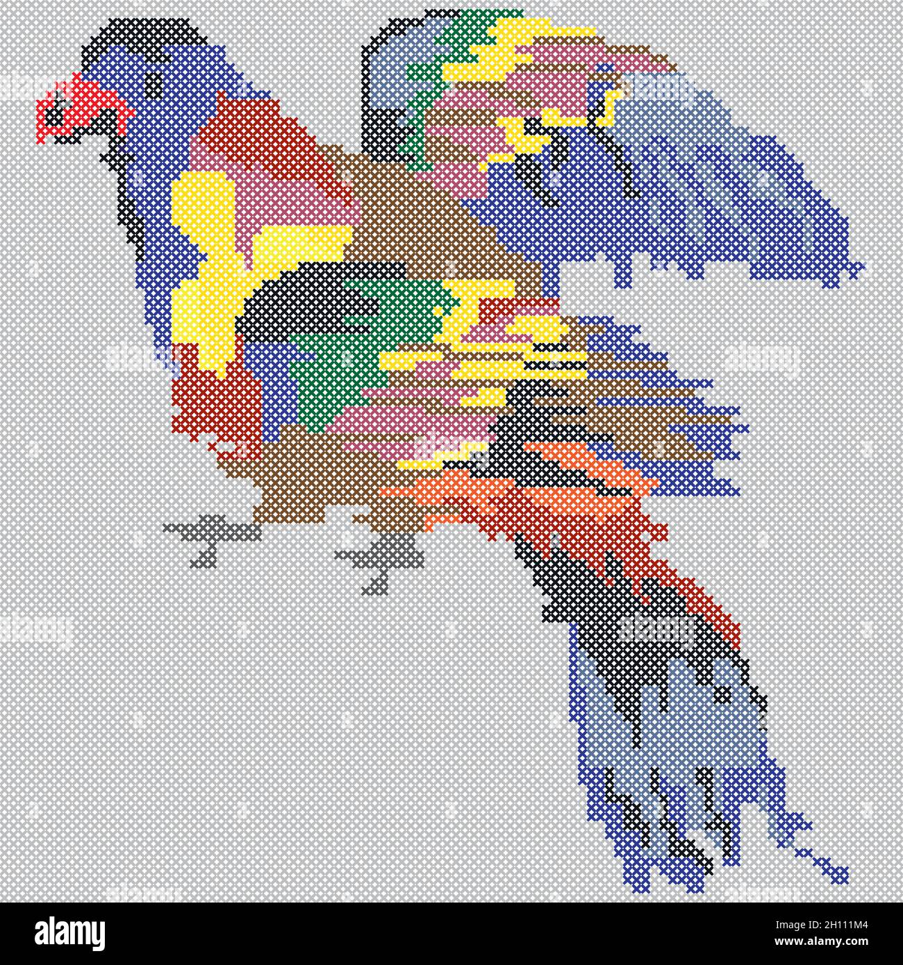 Ricami di pappagallo, motivo a punto croce di uccelli esotici, ornamento, vettore. Illustrazione Vettoriale