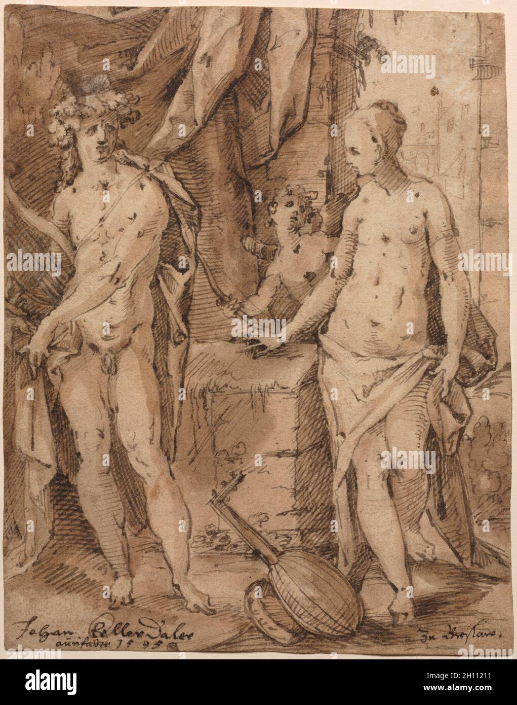 Apollo con Erato e Cupido, 1595. Johann Kellerthaler (tedesco, c 1560/2-1611). Penna e inchiostro nero e marrone accresciuta di lavaggio con gouache bianco ; foglio: 19.1 x 15 cm (7 1/2 x 5 7/8 in.). Foto Stock