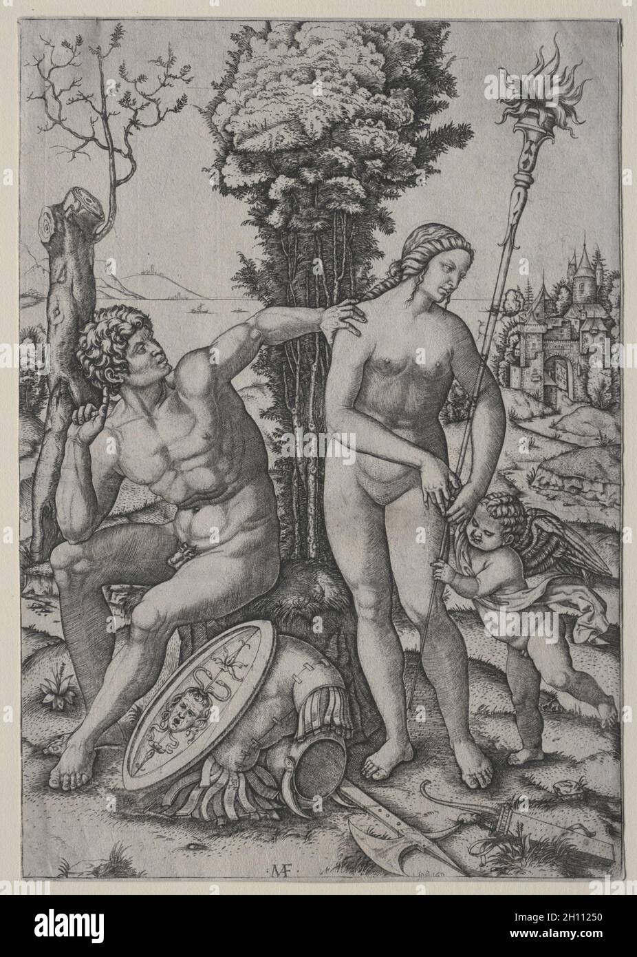 Venere, Marte e Cupido, 1508. Marcantonio Raimondi (1470/82-1527/34). Incisione; Foto Stock