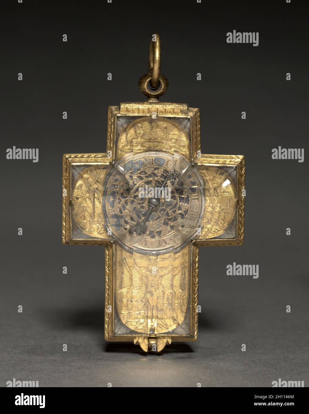 Orologio Cross-Shaped, c. 1600. Hörle urbana (tedesco). Rame dorato, acciaio e cristallo di rocca; complessivo: 6,7 x 4,2 x 1,3 cm (2 5/8 x 1 5/8 x 1/2 in.). Foto Stock