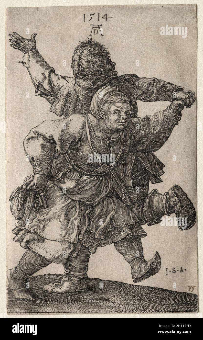 Coppia contadina Dancing, 1514. Albrecht Dürer (tedesco, 1471-1528). Incisione; foglio: 11.8 x 7.3 cm (4 5/8 x 2 7/8 poll.). Foto Stock