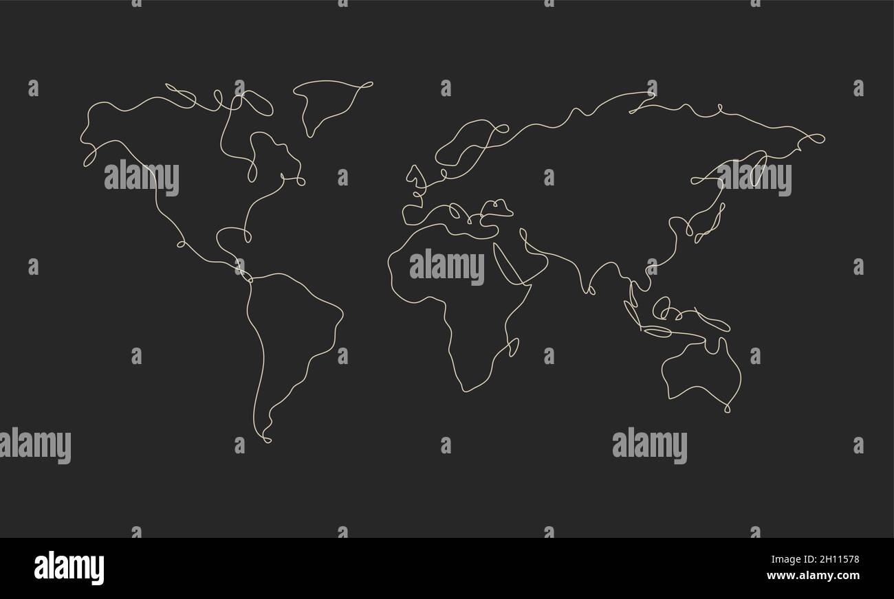Mappa del mondo in stile linea di penna disegno su sfondo nero Illustrazione Vettoriale