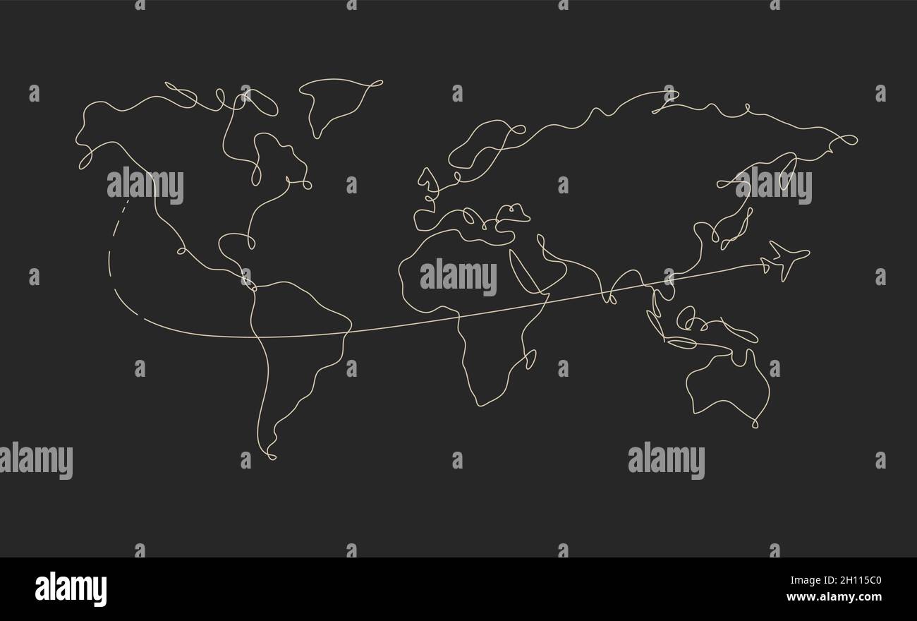 Mappa del mondo linea di penna piano viaggio disegno su sfondo nero Illustrazione Vettoriale