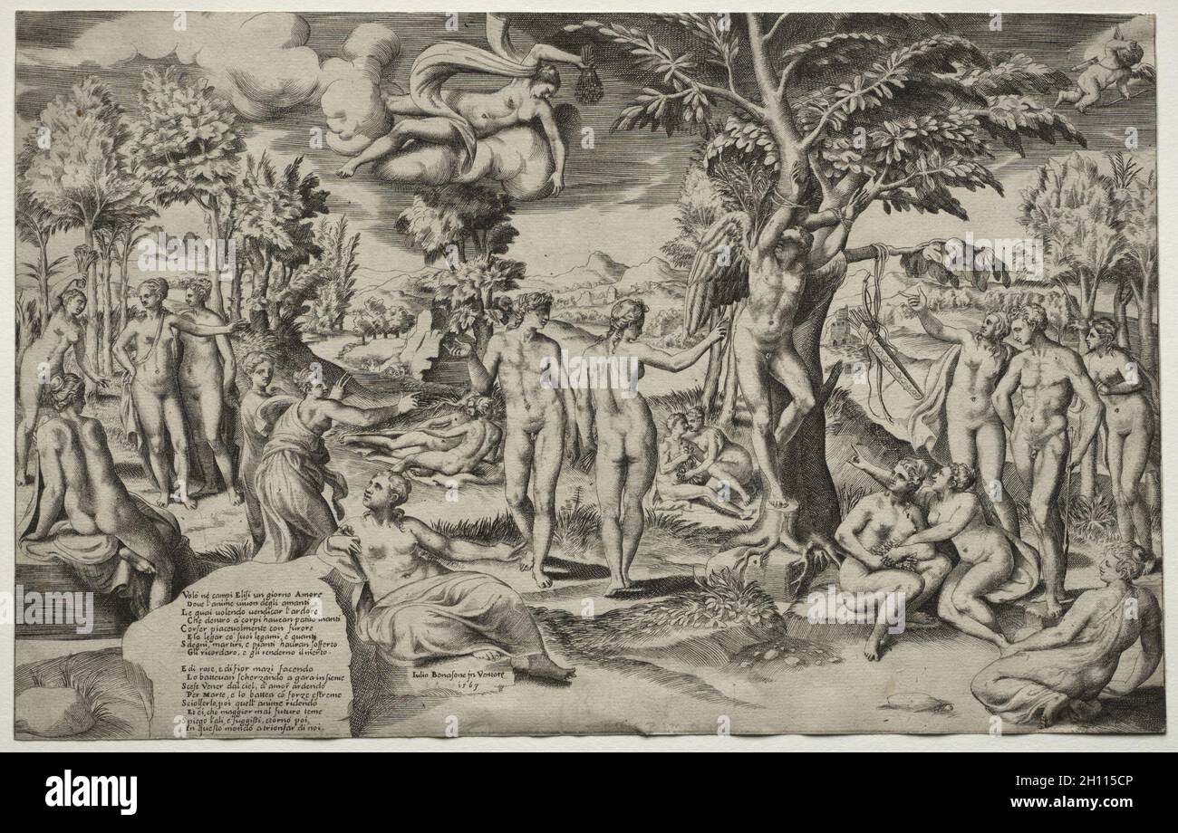 Amore nei campi Elisi, 1563. Giulio Bonasone (italiano, c.. 1510-aft 1576). Incisione; Foto Stock