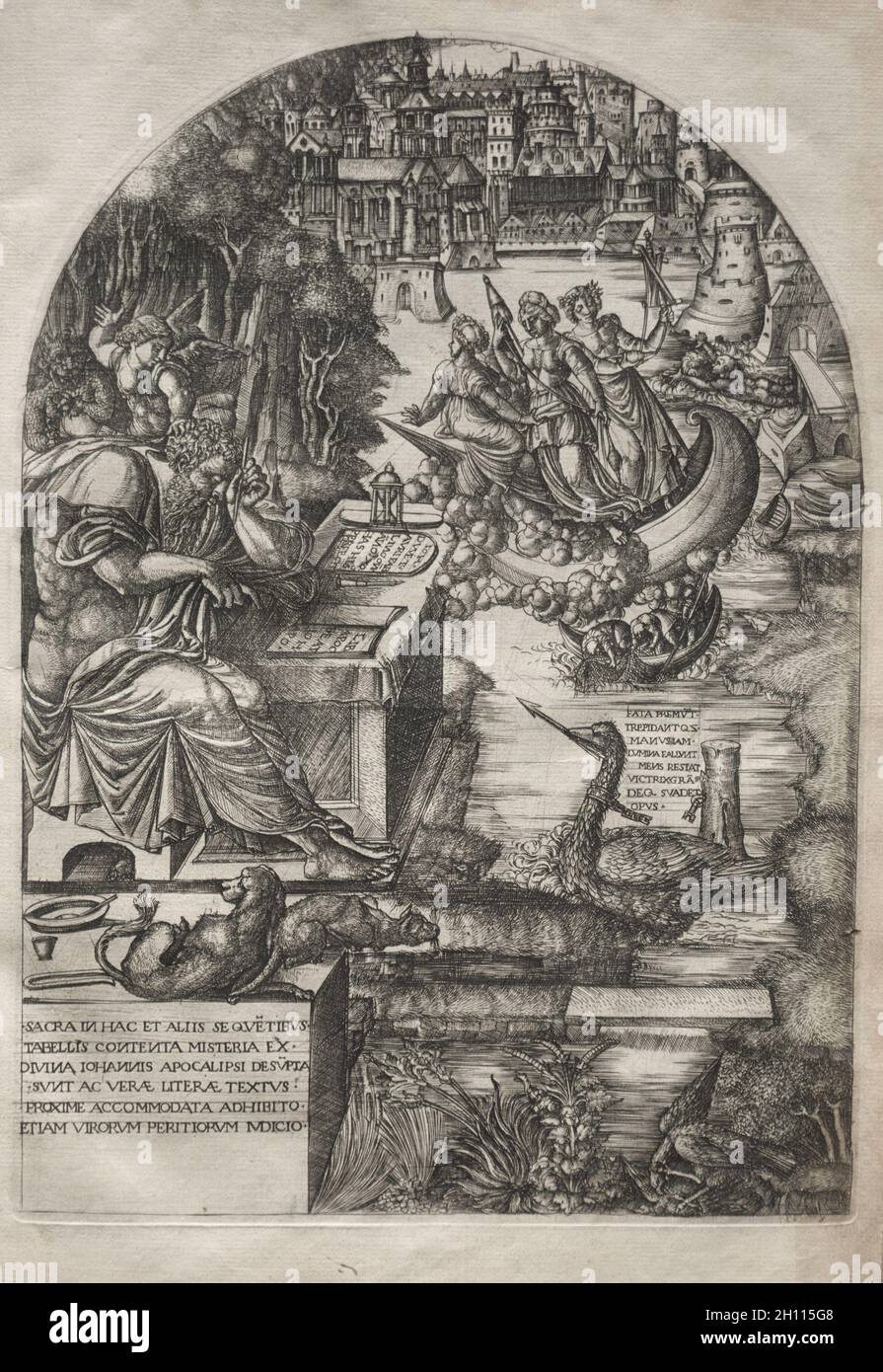 L'Apocalisse: Piumino che studia l'Apocalisse, 1555. Jean piumone (francese, 1485-1561). Incisione; Foto Stock