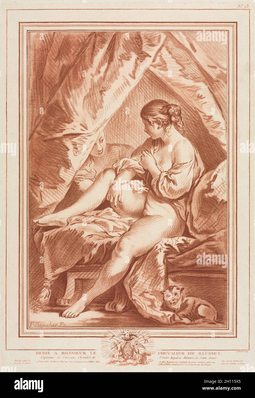 Giovane donna seduta su un letto, prima del 1764. Louis-Marin Bonnet (francese, 1736-1793), dopo Francis Boucher (francese, 1703-1770). Incisione a gesso stampata in rosso; foglio: 46.9 x 33.1 cm (18 7/16 x 13 1/16 poll.); platemark: 44.2 x 30.6 cm (17 3/8 x 12 1/16 poll.). Foto Stock