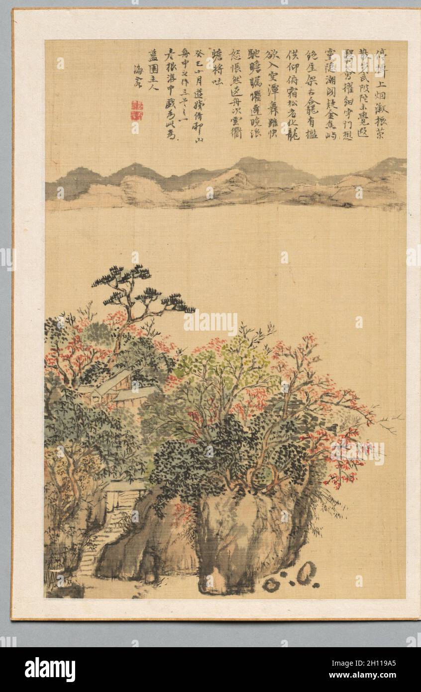 Paesaggio, 1833. Nukina Kaioku (giapponese, 1778–1863). Copertina album; inchiostro e colore chiaro su seta di buccia; foglio: 28.5 x 18.4 cm (11 1/4 x 7 1/4 pollici). Foto Stock