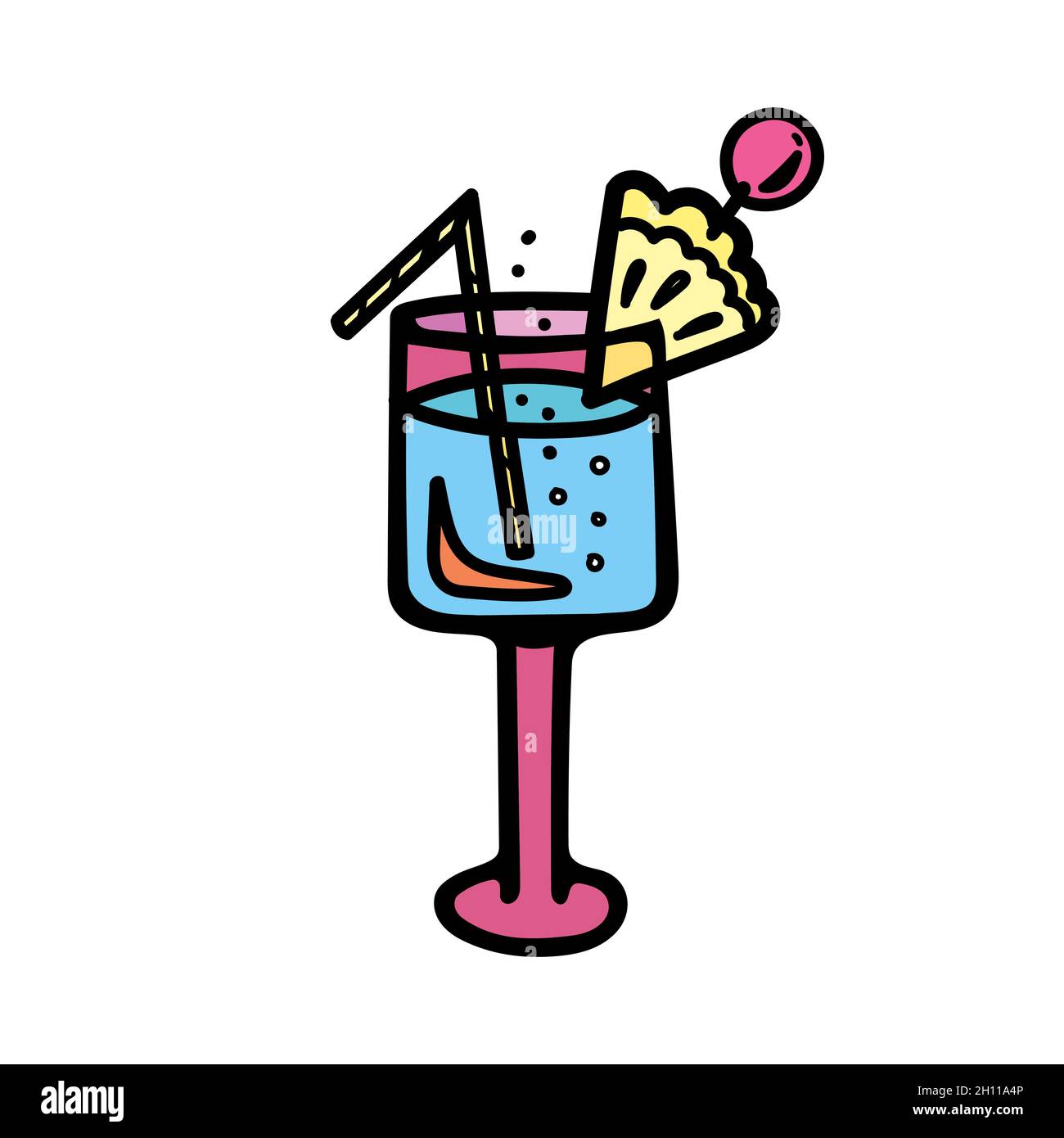 Illustrazione vettoriale a colori di un bicchiere di vino rosa con bollicine, ananas e frutti di bosco. Illustrazione Vettoriale