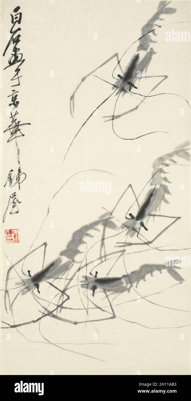 Gamberetti, prima metà del '900. Qi Baishi (cinese, 1864-1957). Rotolo appeso, inchiostro su carta; pittura: 67.6 x 34.7 cm (26 5/8 x 13 11/16 poll.); totale: 209.5 x 55.5 cm (82 1/2 x 21 7/8 poll.). Foto Stock