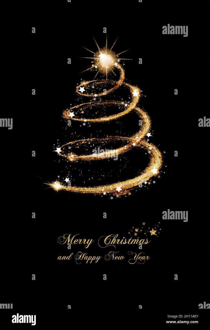 Elegante biglietto d'auguri dorato con un albero di Natale astratto a spirale sormontato da una stella e testo - buon Natale e felice anno nuovo - qui sotto. Mare Foto Stock