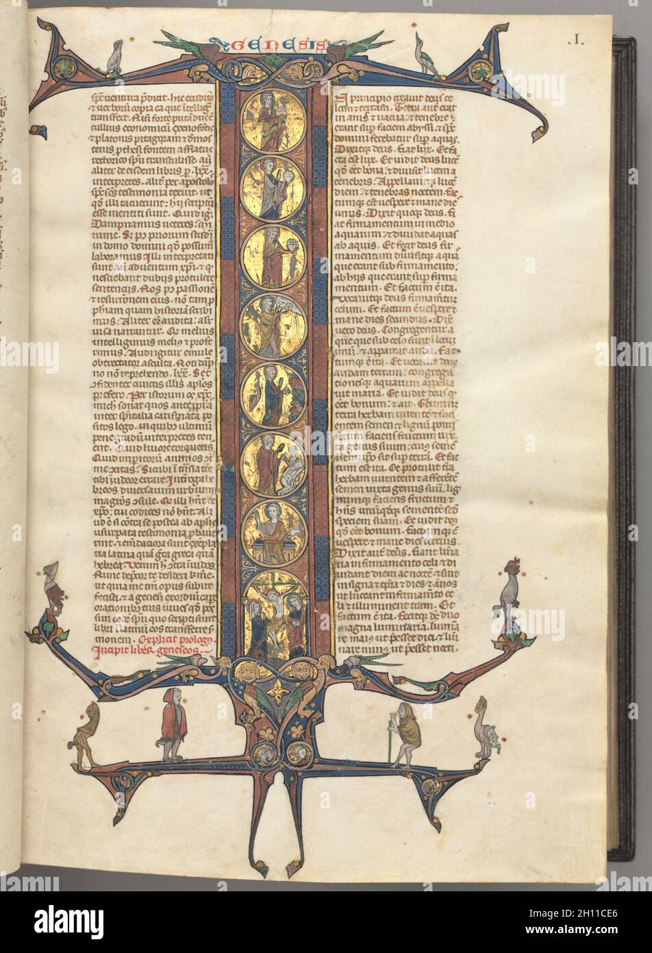 Fol. 1r, Genesis, con un i iniziale a tutta lunghezza, che mostra la creazione e la Crocifissione, tutto su motivi d'oro brunito, con cornici rosa e blu diapared e drago cuspiato e fogliame estensioni in alto e in basso, su cui sono arroccati un vari, c.. 1275-1300. Francia meridionale, Tolosa (?), 13 ° secolo. Manoscritto illuminato rilegato in latino; binding marroni in marocco; inchiostro, tempera e oro su vellum; 533 foglie; totale: 35.6 x 24.2 cm (14 x 9 1/2 pollici). Foto Stock