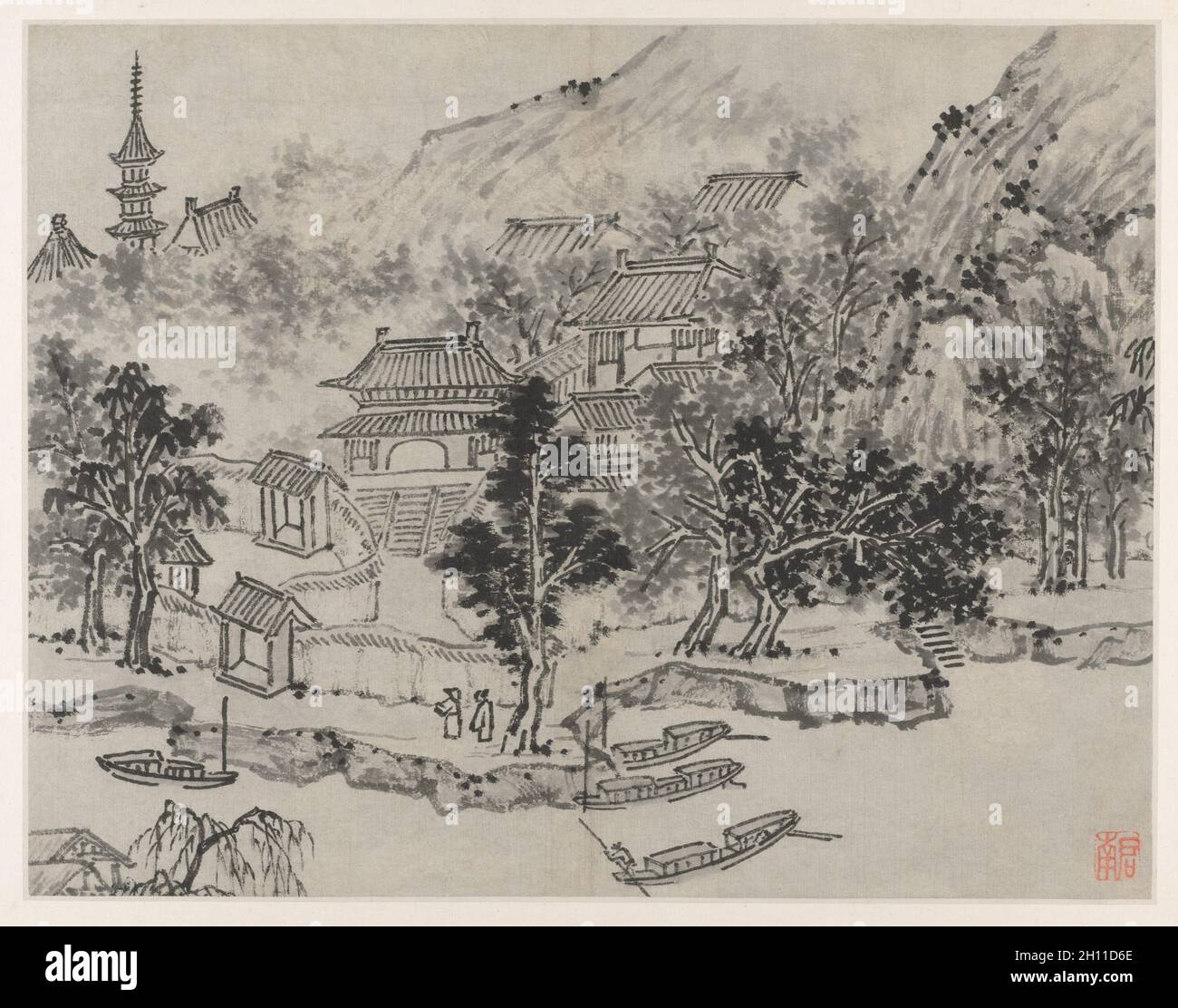 Dodici vedute della Collina della Tigre, Suzhou: Vista in lontananza la Collina della Tigre dal canale di attracco, dopo il 1490. Shen Zhou (Cinese, 1427-1509). Album Leaf, inchiostro su carta o inchiostro e leggero di colore su carta; immagine: 31,5 x 40,6 cm (12 3/8 x 16 in.); complessivo: 36,5 x 49,9 cm (14 3/8 x 19 5/8 in.). Foto Stock
