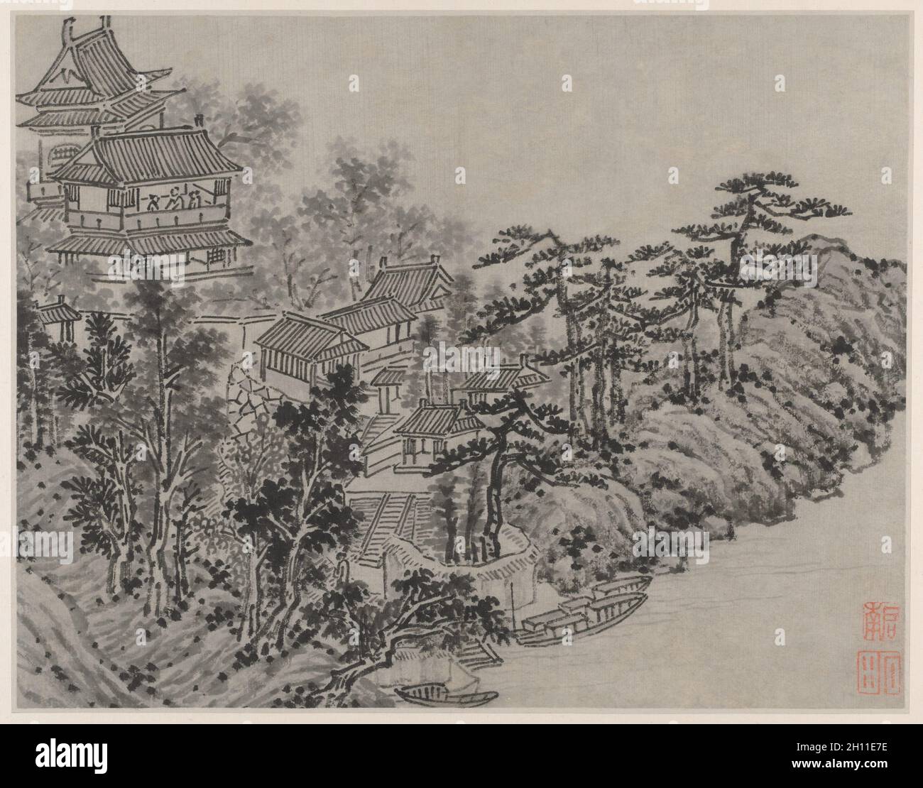 Dodici vedute della Collina della Tigre, Suzhou: Cloud-Climbing Pavilion, dopo il 1490. Shen Zhou (Cinese, 1427-1509). Album Leaf, inchiostro su carta o inchiostro e leggero di colore su carta; immagine: 31,6 x 40,5 cm (12 7/16 x 15 15/16 in.), in totale: 36,5 x 49,9 cm (14 3/8 x 19 5/8 in.). Foto Stock
