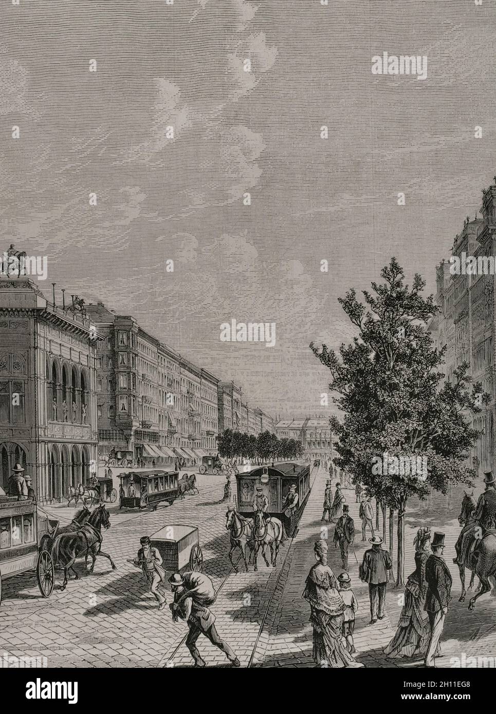 Storia dell'Austria. Vienna. Royal Street (Ringstrasse) e l'esterno dell'Opera di Stato. Disegno dalla vita di Kronstein. Incisione. Dettaglio. La llustración Española y americana, 1878. Foto Stock