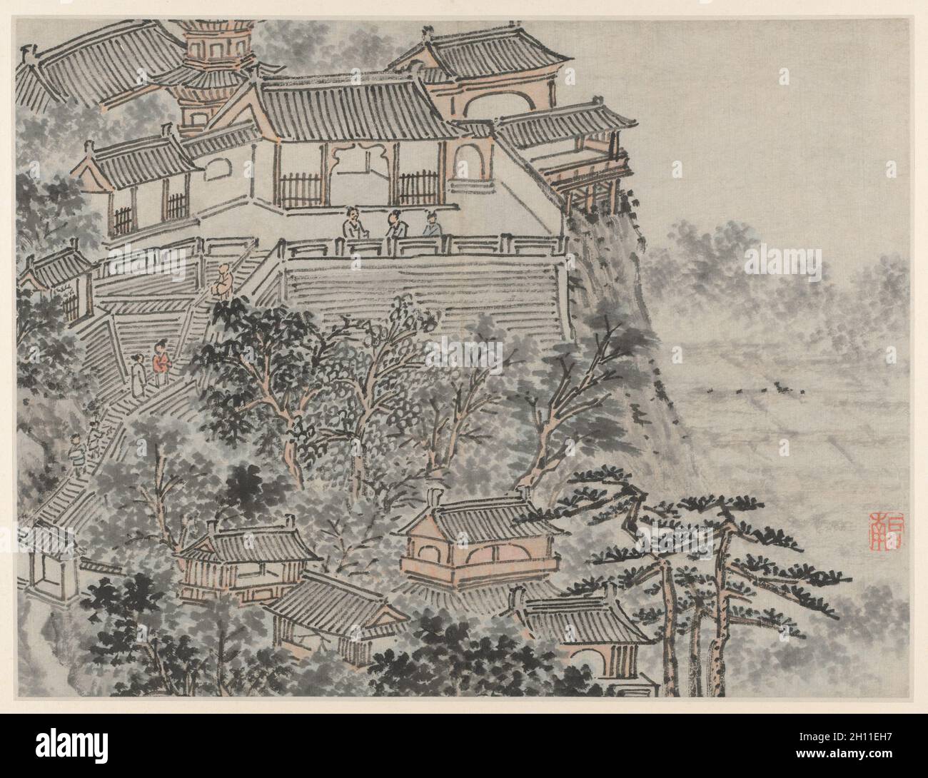 Dodici vedute della Collina della Tigre, Suzhou: i cinque Saggi terrazza, dopo il 1490. Shen Zhou (Cinese, 1427-1509). Album Leaf, inchiostro su carta o inchiostro e leggero di colore su carta; immagine: 31,5 x 41,4 cm (12 3/8 x 16 5/16 in.), in totale: 36,5 x 49,9 cm (14 3/8 x 19 5/8 in.). Foto Stock