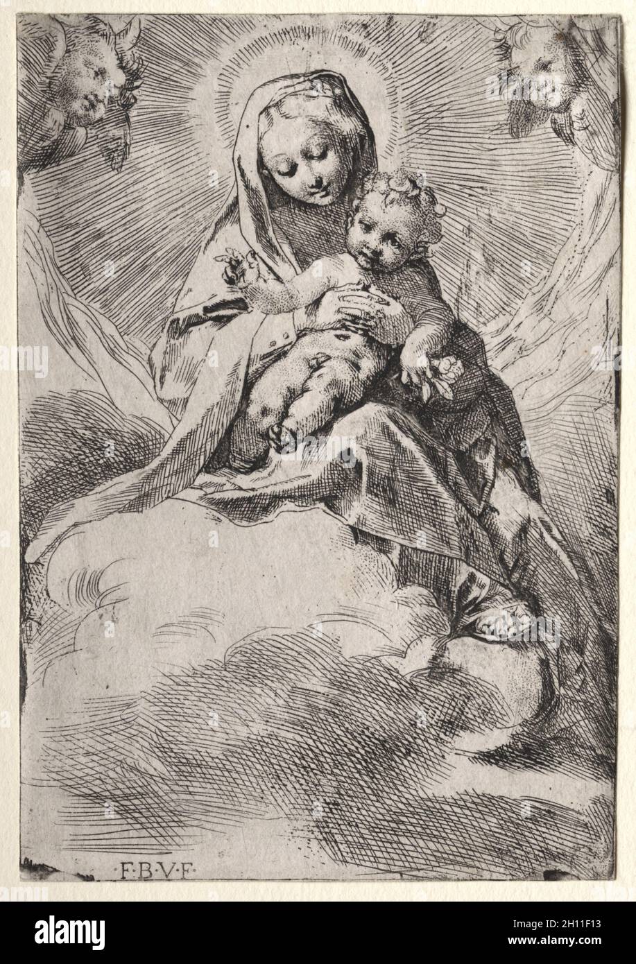 Madonna nelle Nubi, c.. 1581. Federico Barocci (italiano, 1528-1612). Incisione e incisione; foglio: 15.5 x 10.7 cm (6 1/8 x 4 3/16 pollici). Foto Stock