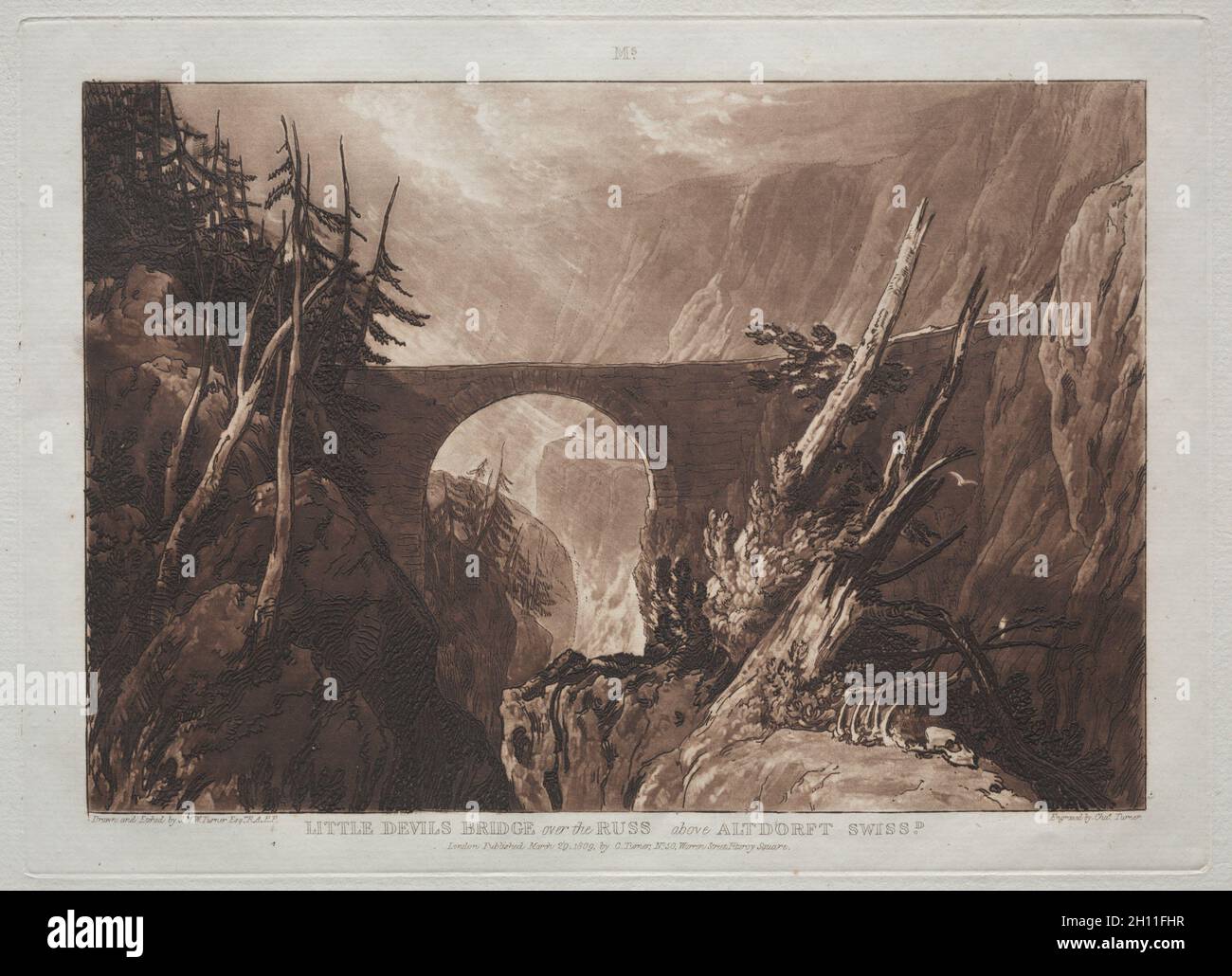 Liber Studiorum: Ponte del Diavolo piccolo sui Russi, sopra Altdorft, Svizzero. Joseph Mallord William Turner (britannico, 1775-1851). Acquaforte e mezzotinta; Foto Stock