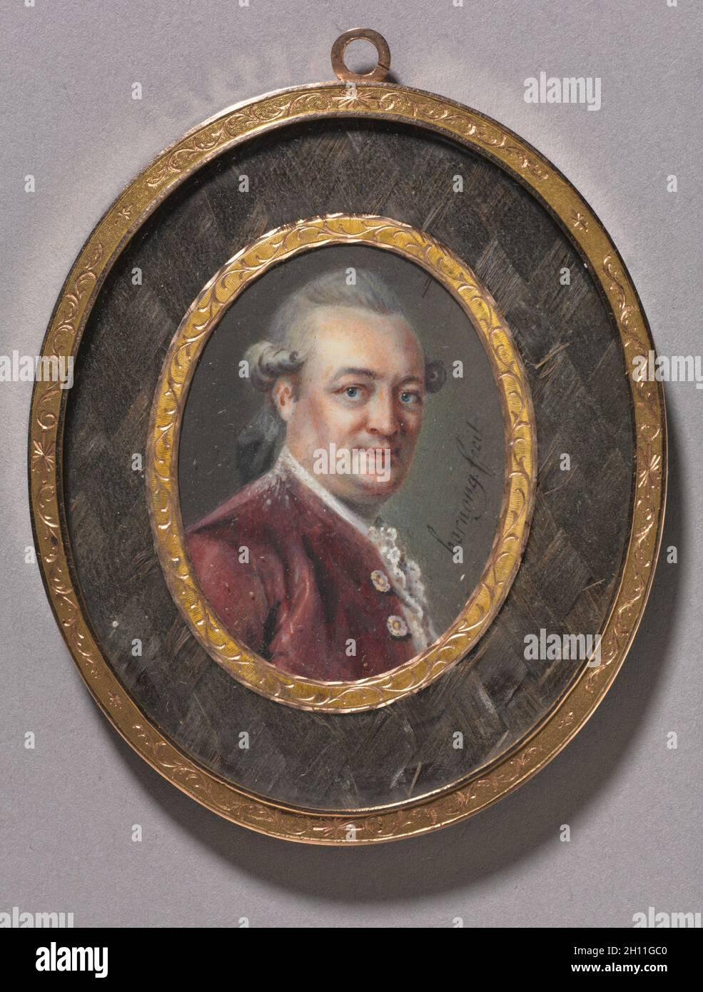 Ritratto di un uomo, 1780s. Hornong (Francese). Acquerello su avorio in oro e capelli frame; incorniciato: 7 x 6,4 cm (2 3/4 x 2 1/2 in.); senza cornice: 4,5 x 1 cm (1 3/4 x 3/8 in.). Foto Stock