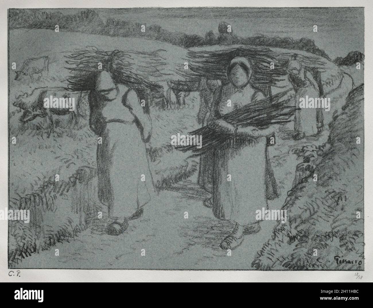 Contadini che trasportano lagune, c.. 1896. Camille Pissarro (francese, 1830-1903). Litografia; Foto Stock