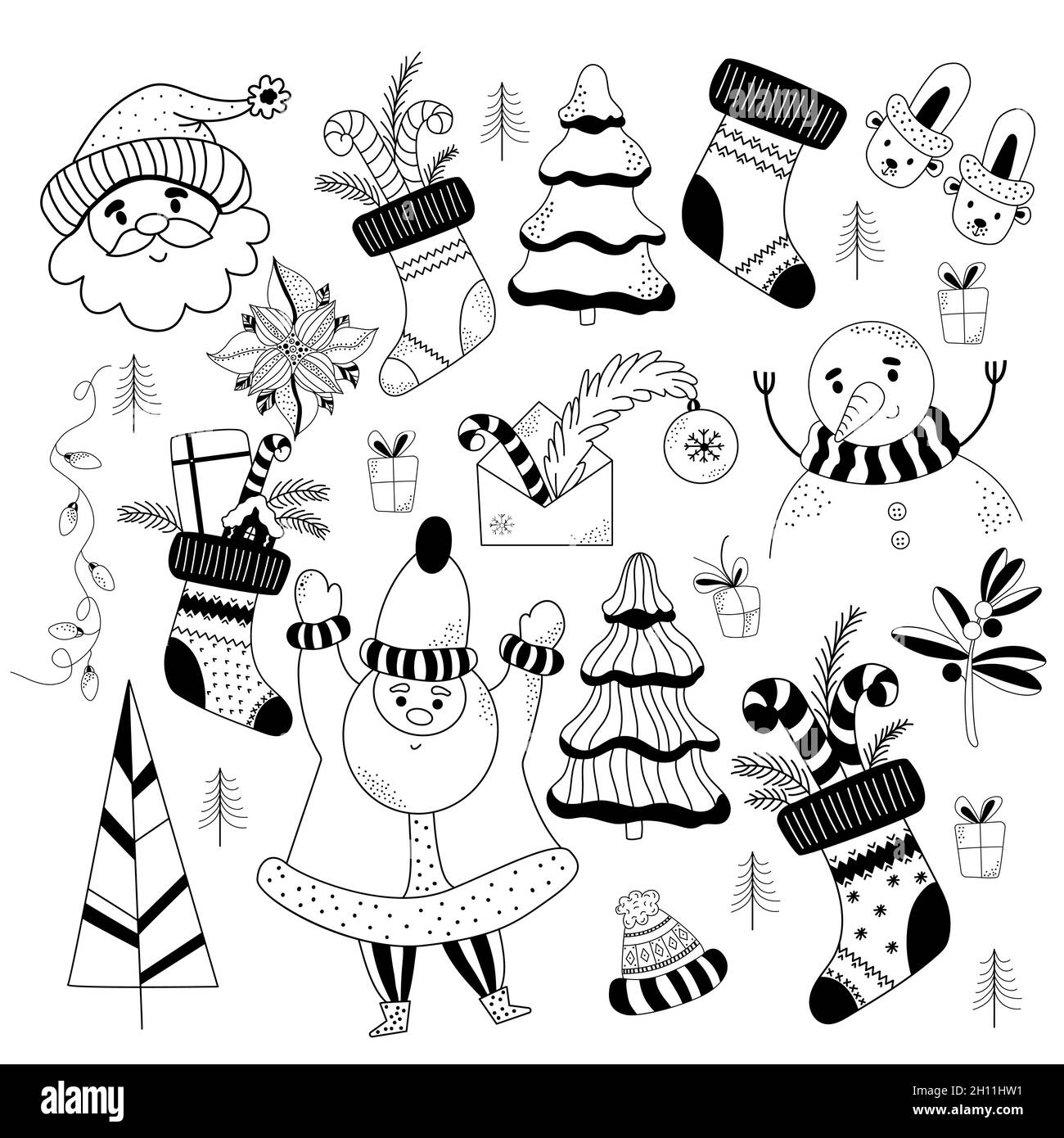 Grande set di elementi di design per Natale e Capodanno in stile doodle. Babbo Natale, Snowman, calza di Natale con regali e albero di Natale. Vettore Illustrazione Vettoriale