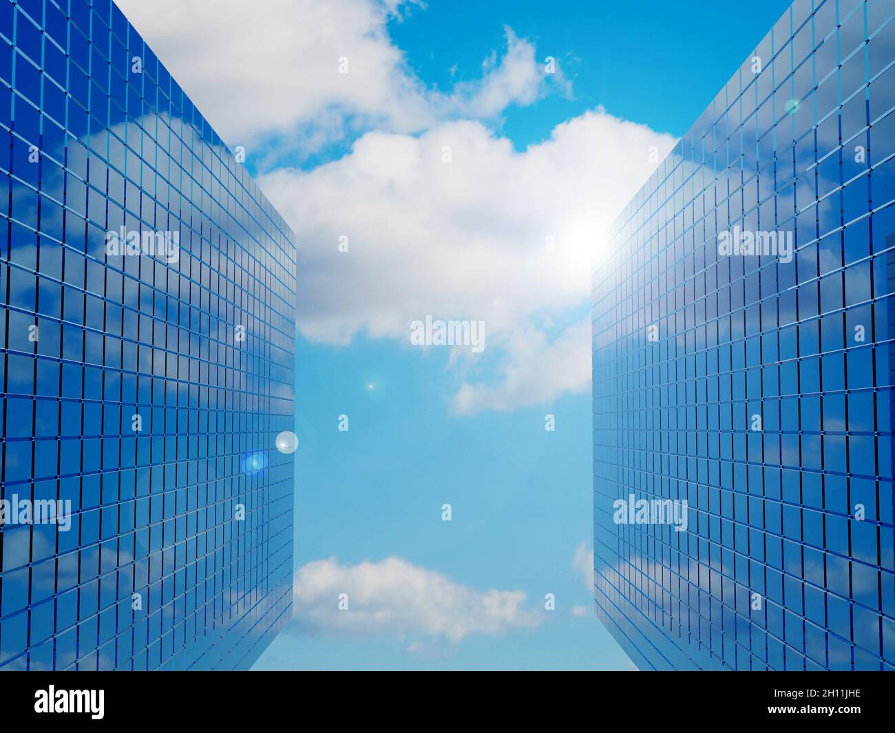 Moderno edificio immobiliare finanziario per aziende con lente di luce. rendering 3d Foto Stock