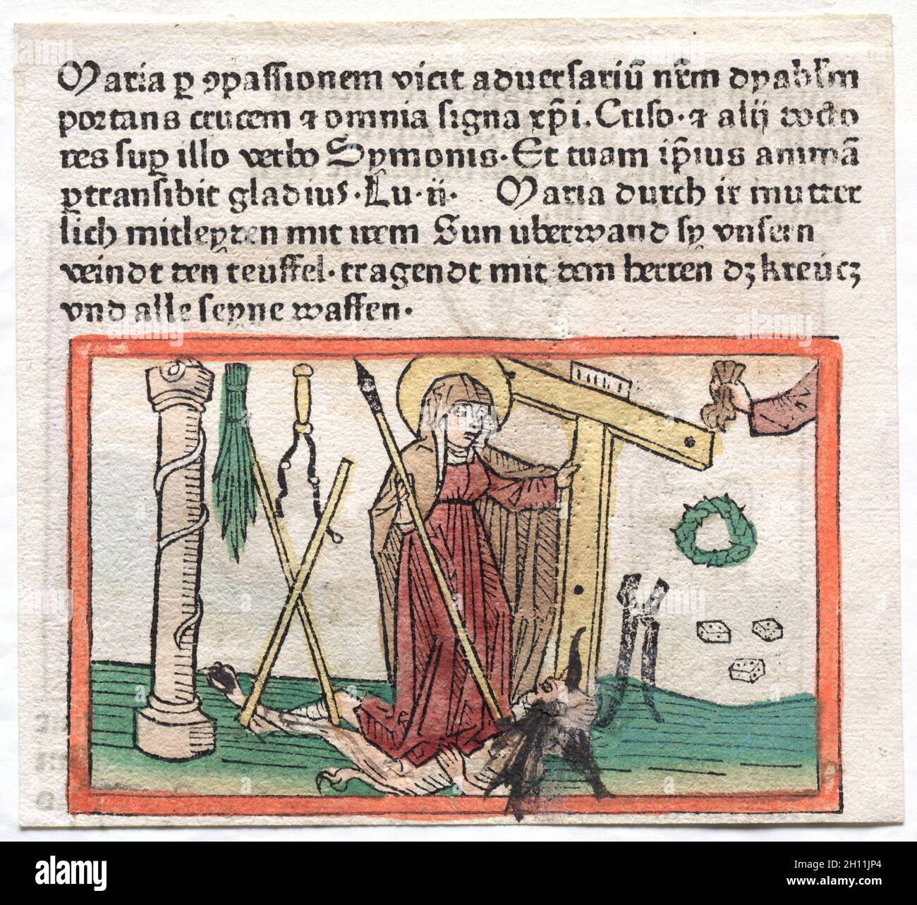 Spiegel Menslicher Behaltnis: La Vergine Maria che supera un diavolo, 1400. Germania, XV secolo. Taglio del legno; Foto Stock