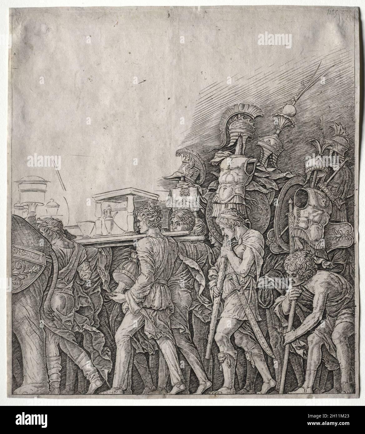 I Trionfi di Cesare: I corseletti portatori, c. 1498. Giulio Campagnola (italiano, 1482-1515). Incisione; Foto Stock