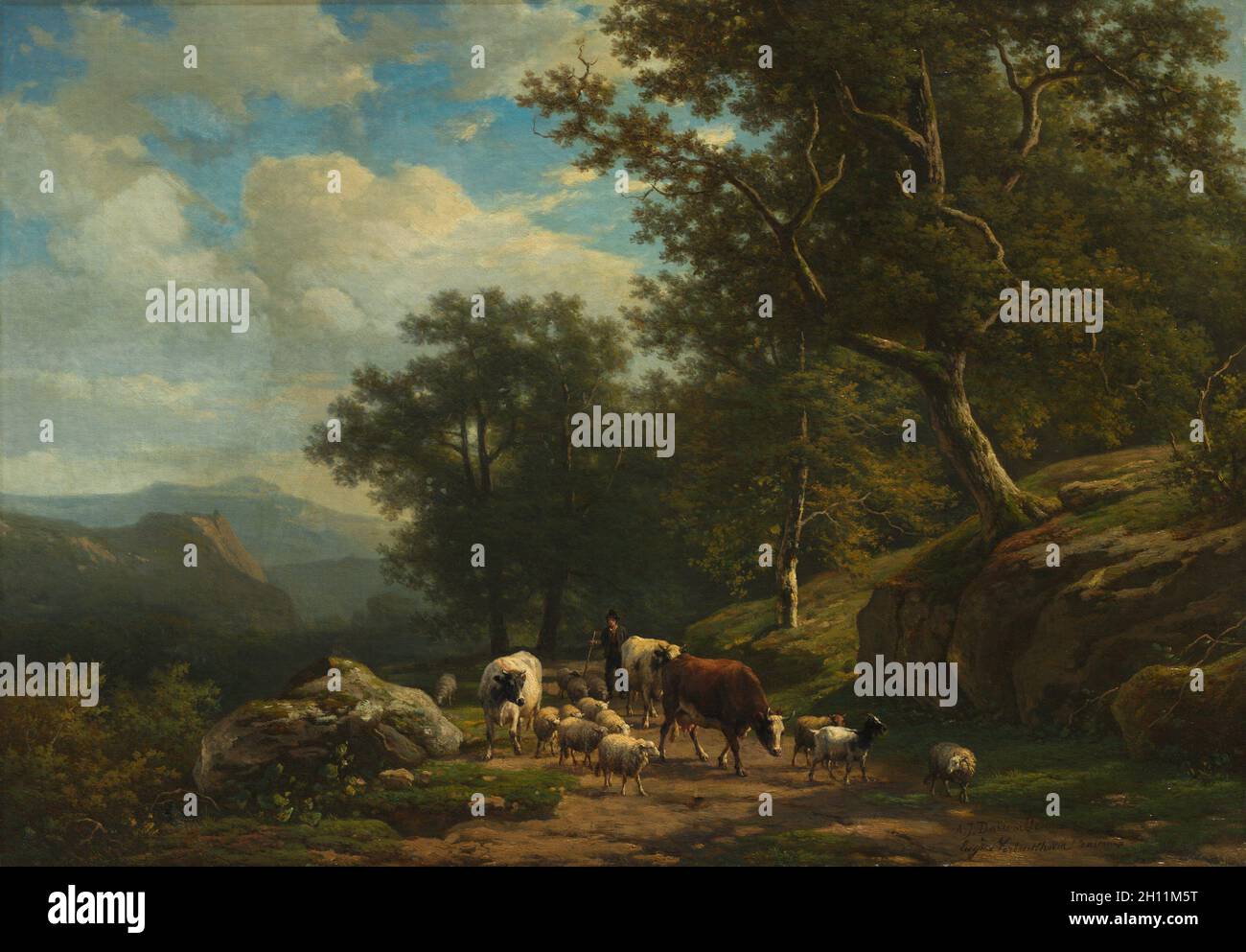 Paesaggio con un contadino e il suo gregge, c. 1850 - 1859. Alexander Joseph Daiwaille (Olandese, 1818-1888), Eugène Joseph Verboeckhoven (belga, 1798-1881). Olio su tessuto; senza cornice: 55,2 x 78,7 cm (21 3/4 x 31 in.). Foto Stock