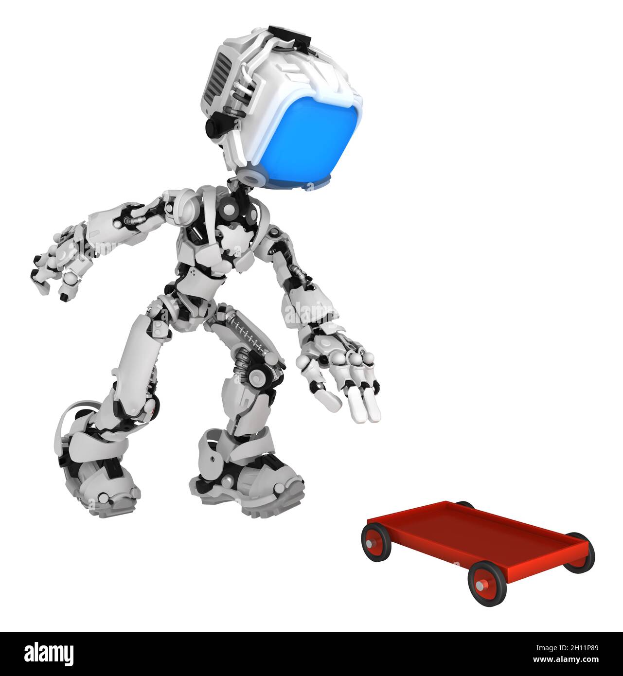 Schermata robot personaggio posa con piccolo carrello rosso, illustrazione 3d, orizzontale, isolato Foto Stock