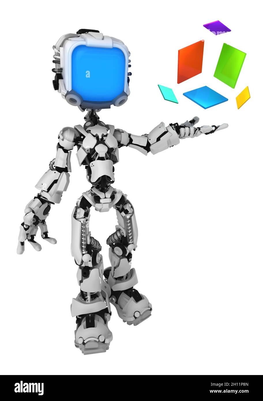 Immagine robot schermo posa carattere con disegno cubo a colori, illustrazione 3d, verticale, isolato Foto Stock