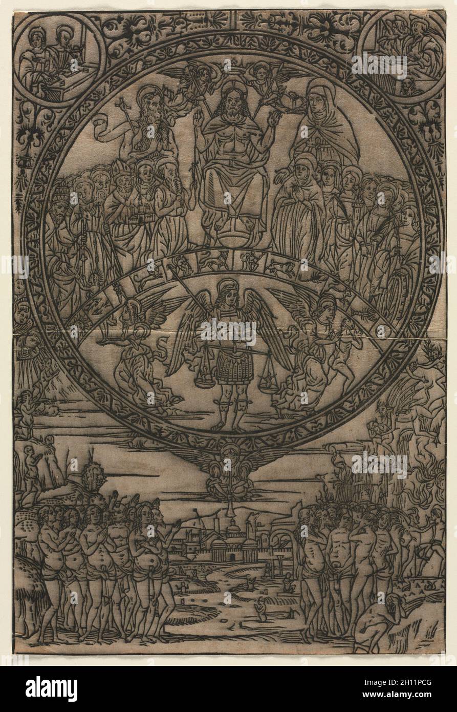 Il Giudizio universale alla presenza dei Santi e dell'Arcangelo Michele, quattrocento. Italia, XV secolo. Taglio del legno; Foto Stock