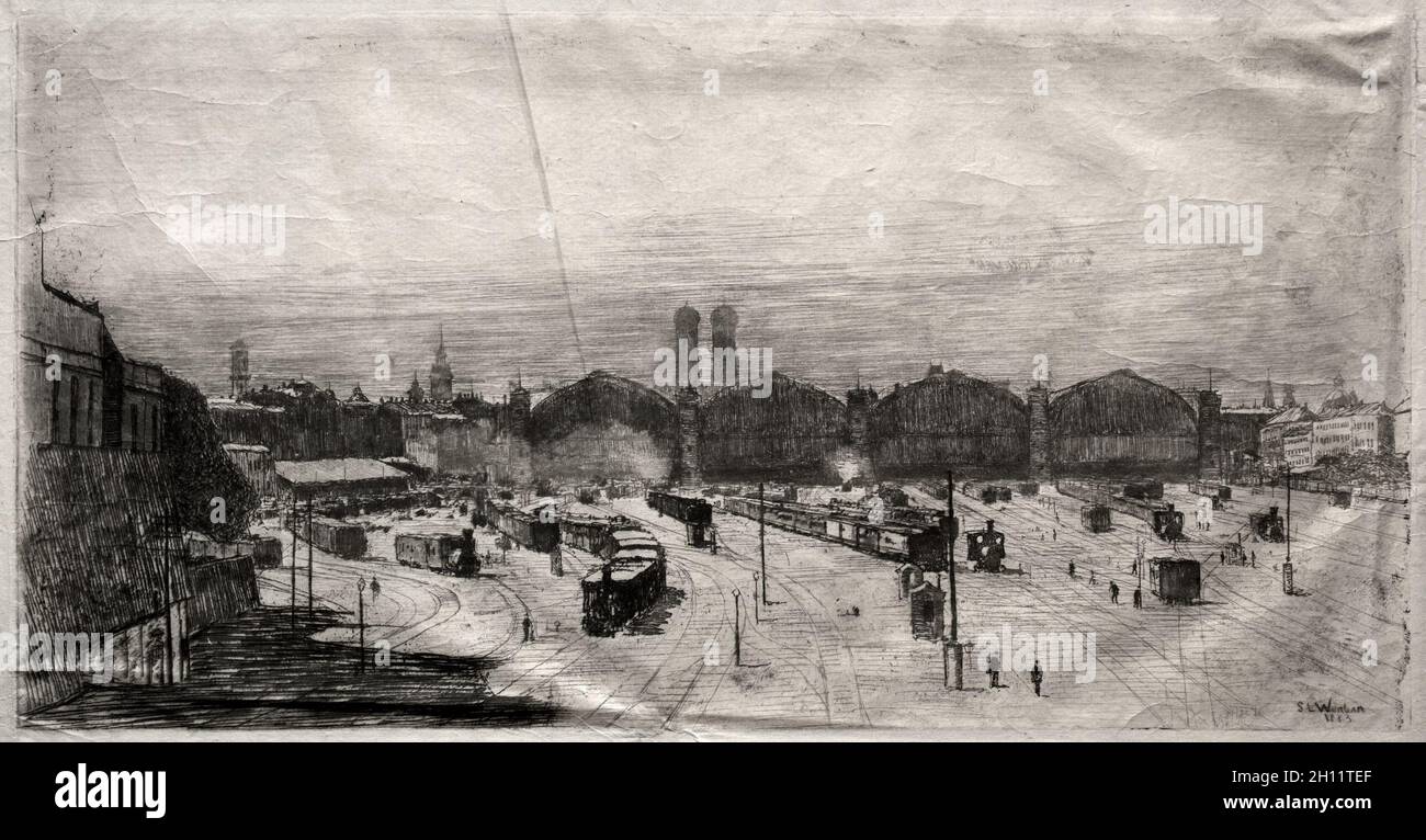 Stazione ferroviaria, 1883. Sion Longley Wenban (americano, 1848-1897). Incisione; Foto Stock