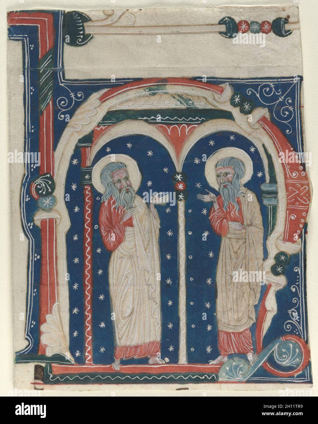 Historiated iniziale (H) asportato da un antifonario: SS. Paolo Eremita e Anthony, c. 1200-1230. L'Italia, (Napoli)?, del XIII secolo. Inchiostro e tempera su pergamena; foglio: 11 x 8 cm (4 5/16 x 3 1/8 in.). Foto Stock