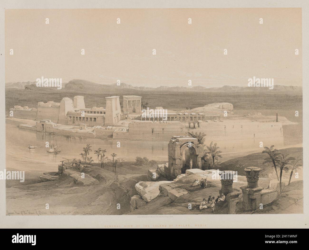 Egitto e Nubia, Volume i: Vista generale dell'isola di Filae, Nubia, 1846. Louis Haghe (britannico, 1806-1885), F. G. Moon (britannico, 1797-1871), dopo David Roberts (scozzese, 1796-1864). Litografia a colori; foglio: 43.2 x 60.4 cm (17 x 23 3/4 pollici); immagine: 36.4 x 52.3 cm (14 5/16 x 20 9/16 pollici). Foto Stock