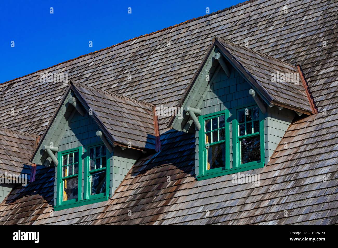 Dettagli Gable del Paradise Inn nel Paradise Historic District del Mount Rainier National Park, Washington state, USA Foto Stock