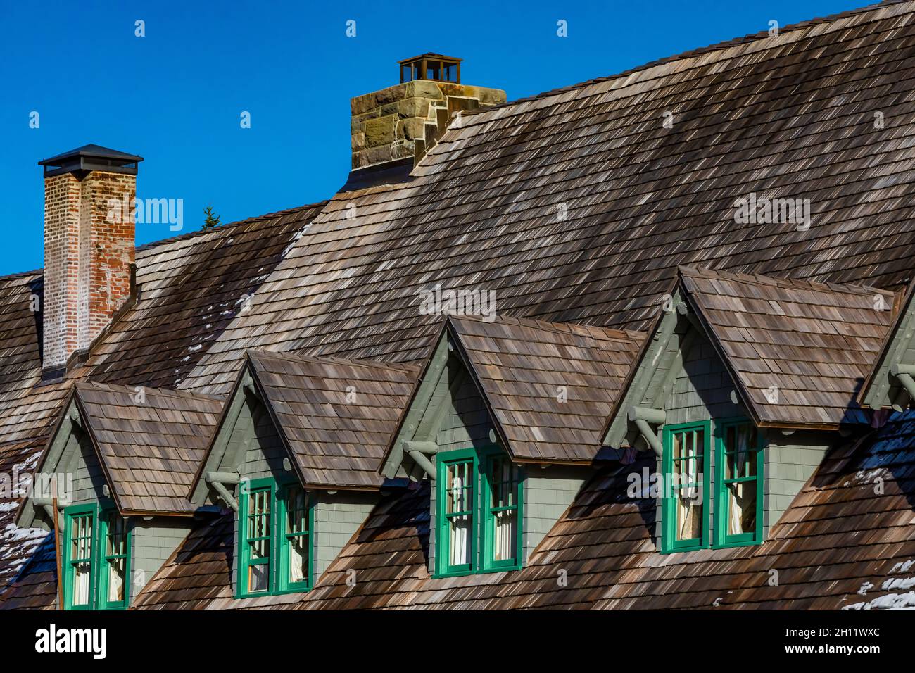 Dettagli Gable del Paradise Inn nel Paradise Historic District del Mount Rainier National Park, Washington state, USA Foto Stock
