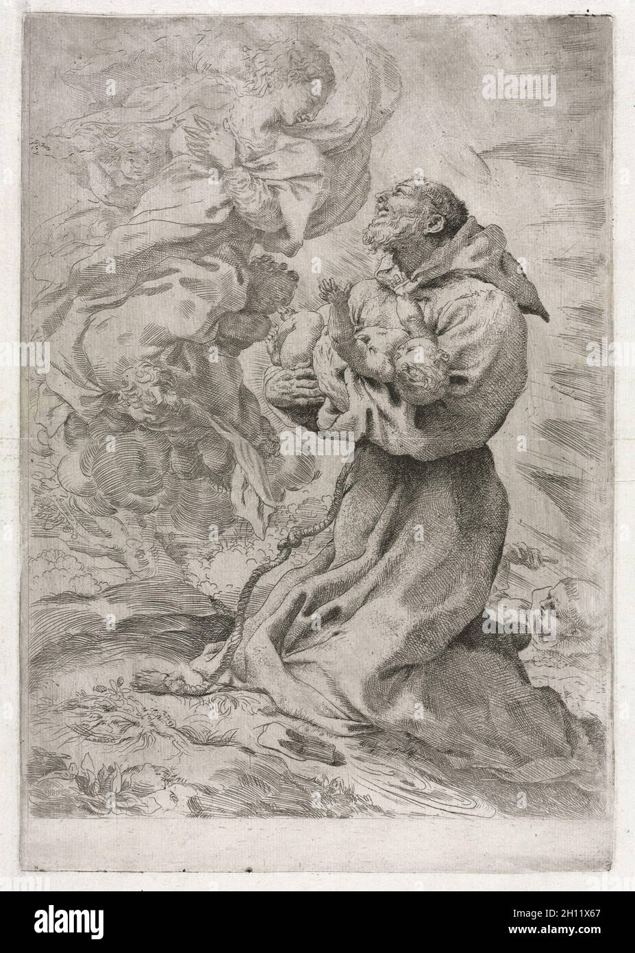 La visione di San Francesco d'Assisi, 1590. Pietro Faccini (italiano, 1562-1602). Incisione; Foto Stock