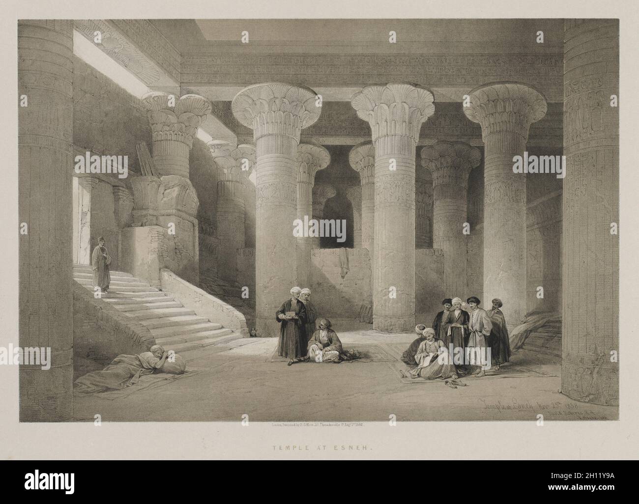 Egitto e Nubia, Volume i: Tempio a Esneh, 1846. Louis Haghe (British, 1806-1885), F.G.Moon, 20 Threadneedle Street, Londra, Dopo David Roberts (scozzese, 1796-1864). Litografia a colori; foglio: 43.1 x 60.4 cm (16 15/16 x 23 3/4 pollici); immagine: 32.2 x 48 cm (12 11/16 x 18 7/8 pollici). Foto Stock