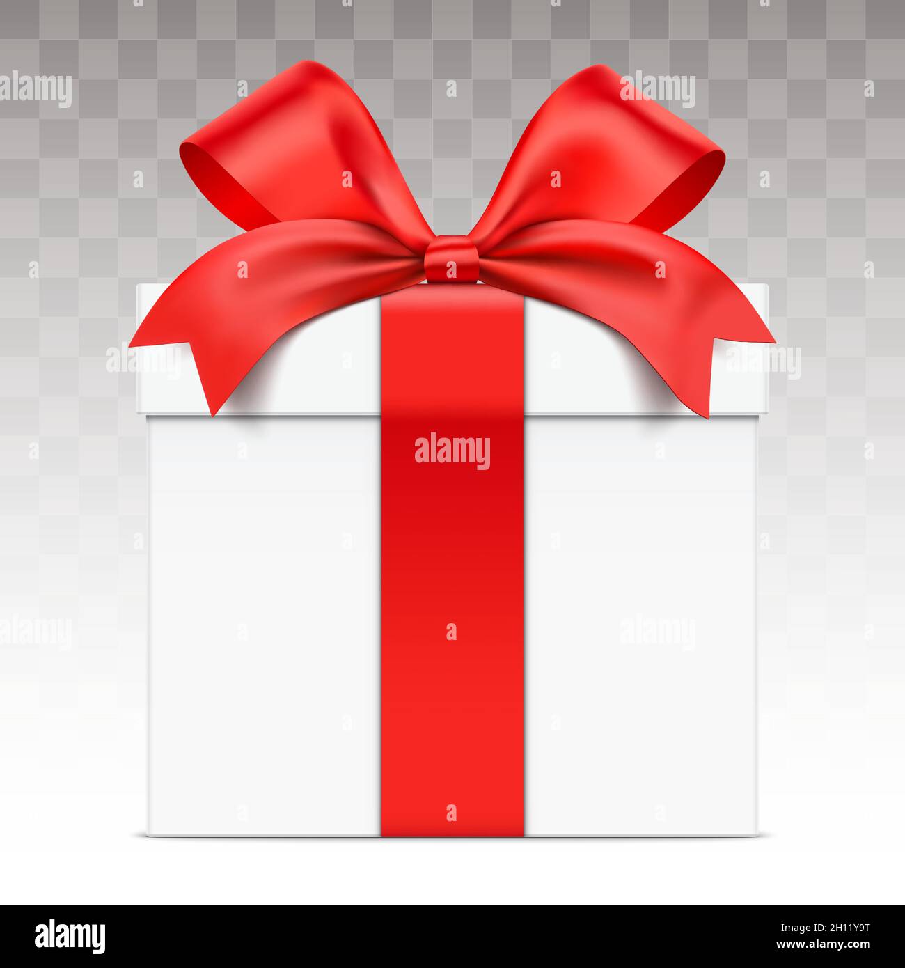 Confezione regalo bianca avvolta con nastro rosso, isolata su sfondo trasparente. Giftbox realistico in vista frontale, illustrazione vettoriale. Illustrazione Vettoriale