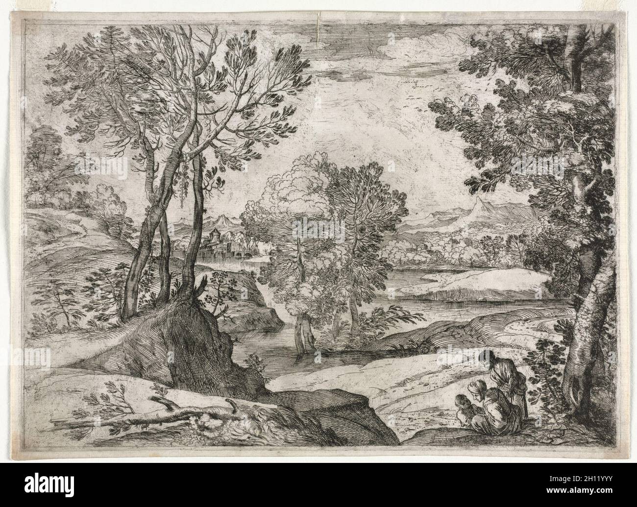 Paesaggio con famiglia, 1643. Giovanni Francesco Grimaldi (1606-1680). Incisione; Foto Stock