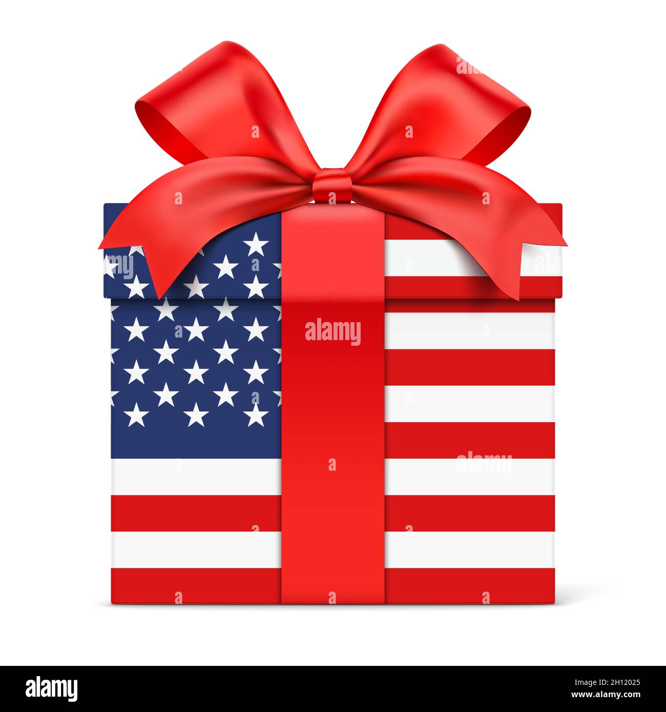 Confezione regalo con bandiera USA, isolata su sfondo bianco. Patriottico presente con stampa di bandiera USA, illustrazione vettoriale. Illustrazione Vettoriale