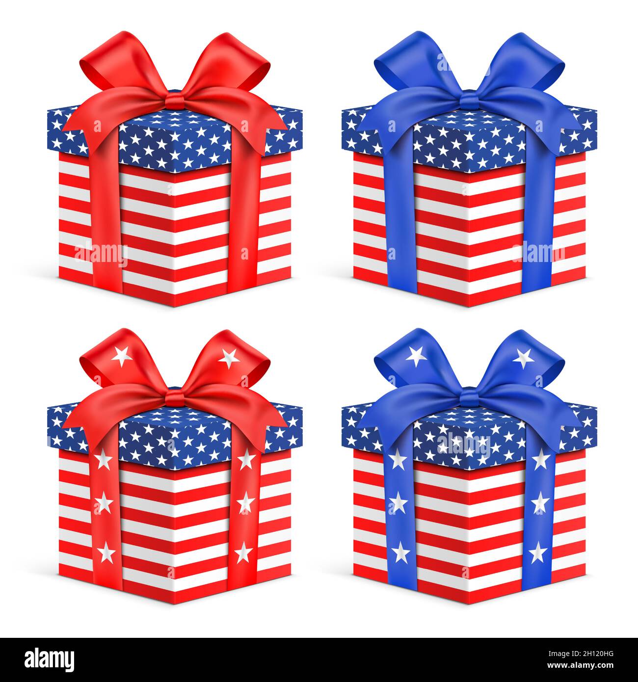 Set di confezioni regalo con bandiera USA, isolate su sfondo bianco. Pacchetto patriottico con stampa della bandiera USA, illustrazione vettoriale. Illustrazione Vettoriale