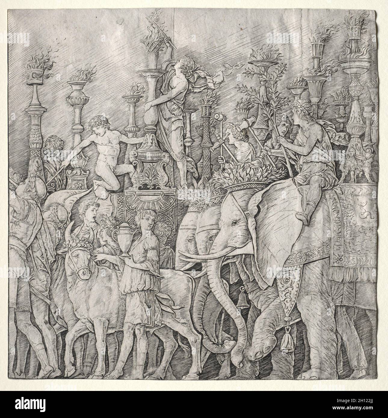 I Trionfi di Cesare: Gli Elefanti, c. 1485-1490. Giulio Campagnola (italiano, 1482-1515). Incisione; Foto Stock