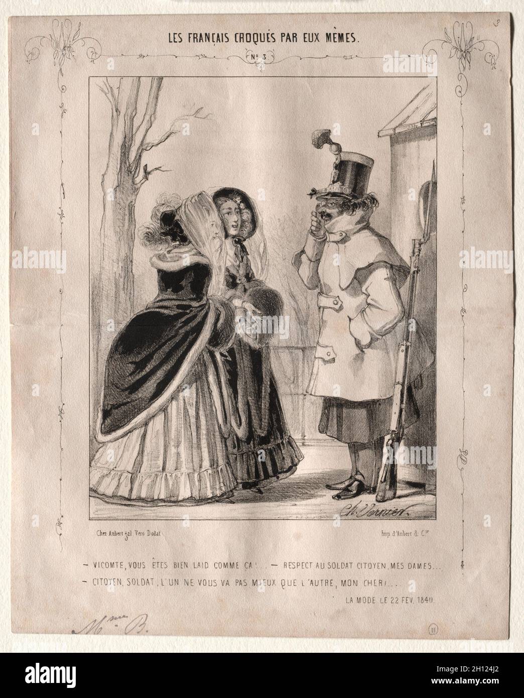 Les Franais croquès par eux-mêmes: Vicomte, vous êtes bien posed comme ca!,,,rispettate au soldat citoyen, mes dames...Citoyen, soldat, l'un ne vous va pas mieux que l'autre, mon cher!, 1840. Charles Vernier (francese, 1831-1887). Litografia; Foto Stock