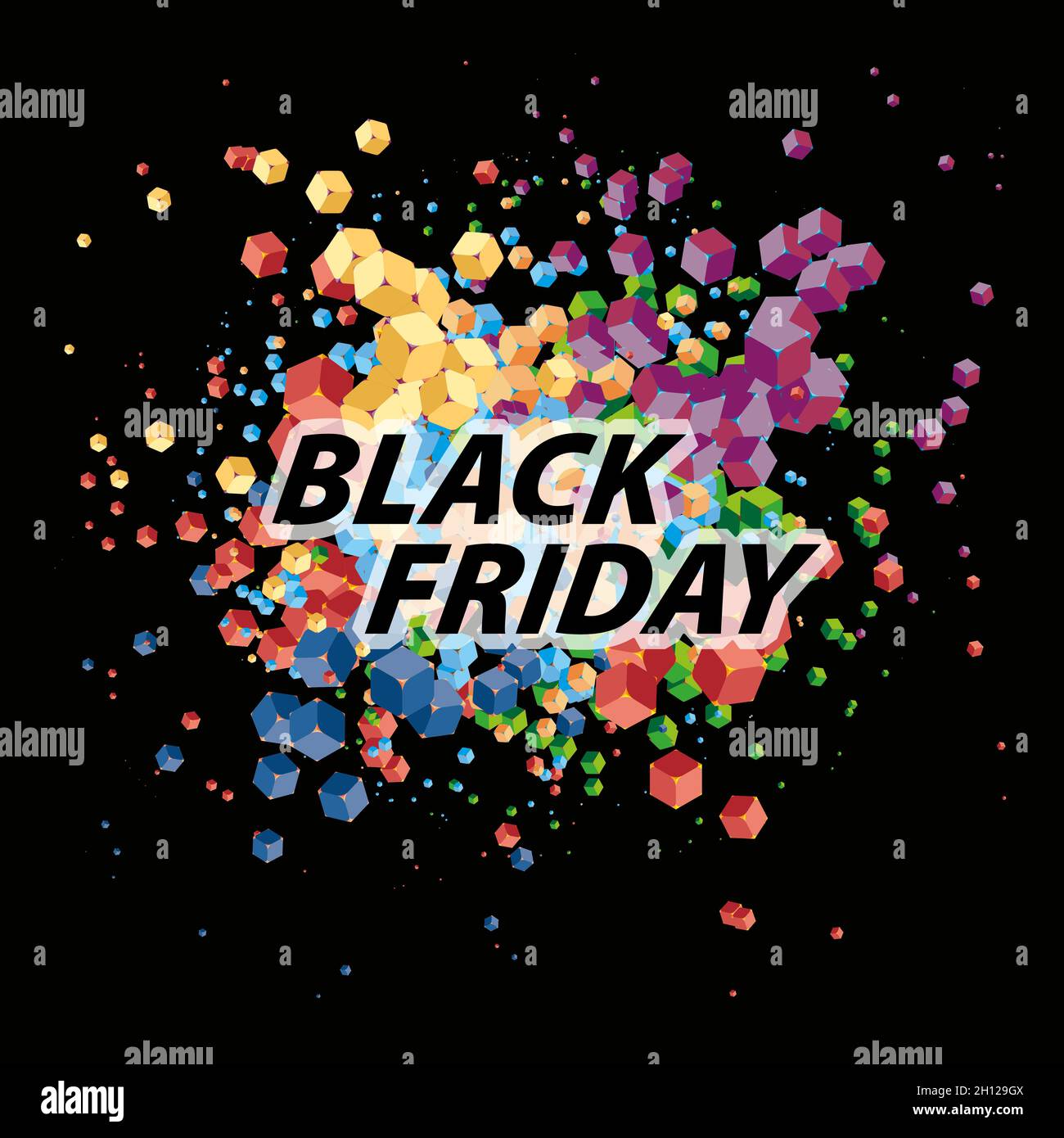 Banner Black friday, poster con cubi colorati esplosi su sfondo nero. Illustrazione vettoriale Illustrazione Vettoriale