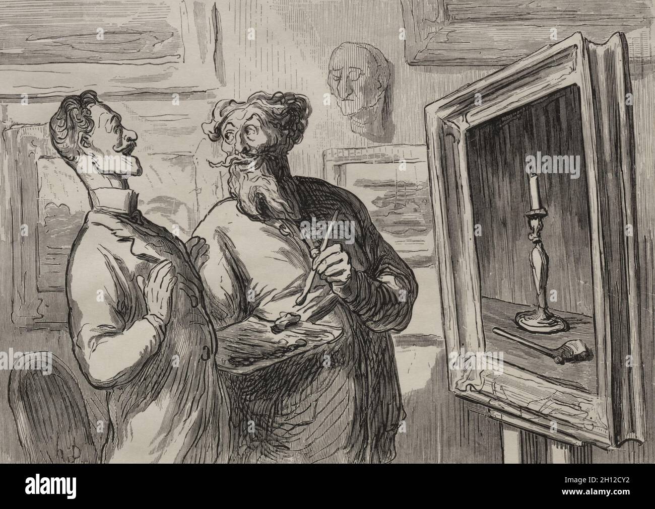 I Pittori: Un realista trova sempre un altro realista per ammirarlo, 1869. Honoré Daumier (francese, 1808-1879). Incisione in legno; Foto Stock
