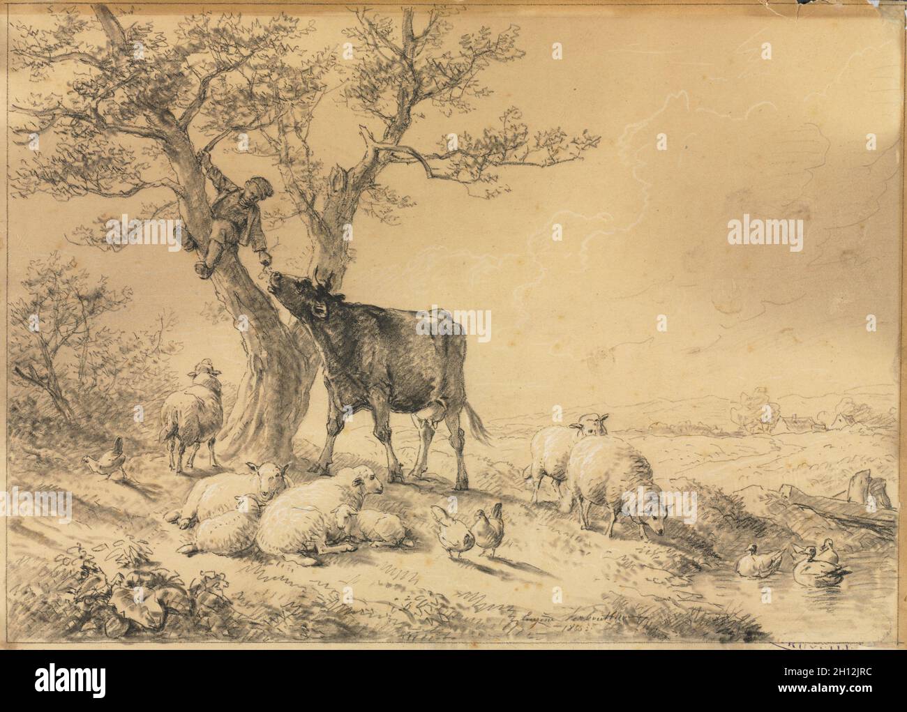 Paesaggio con animali e il ragazzo nella struttura ad albero, 1866. Eugène Joseph Verboeckhoven (belga, 1798-1881). Gesso nero o il pastello (extended con acqua in luoghi) e pennello e grigio e nero lavaggio, intensificato con gesso bianco; linee di delimitazione in gesso nero; foglio: 29,3 x 41,1 cm (11 9/16 x 16 3/16 in.); immagine: 28,6 x 39,8 cm (11 1/4 x 15 11/16 in.). Foto Stock