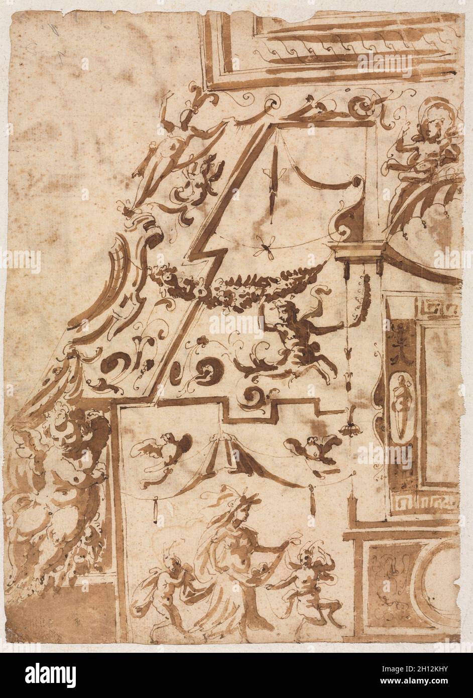 Grottesco con un centauro saltando (verso), c. 1565/1588. Marco Marchetti (Italiano, 1565-1588). Penna e inchiostro bruno e spazzola e lavaggio marrone, oltre le tracce di gesso nero; foglio: 27,4 x 19,8 cm (10 13/16 x 7 13/16 in.); supporto secondario: 31,4 x 23 cm (12 3/8 x 9 1/16 in.). Foto Stock