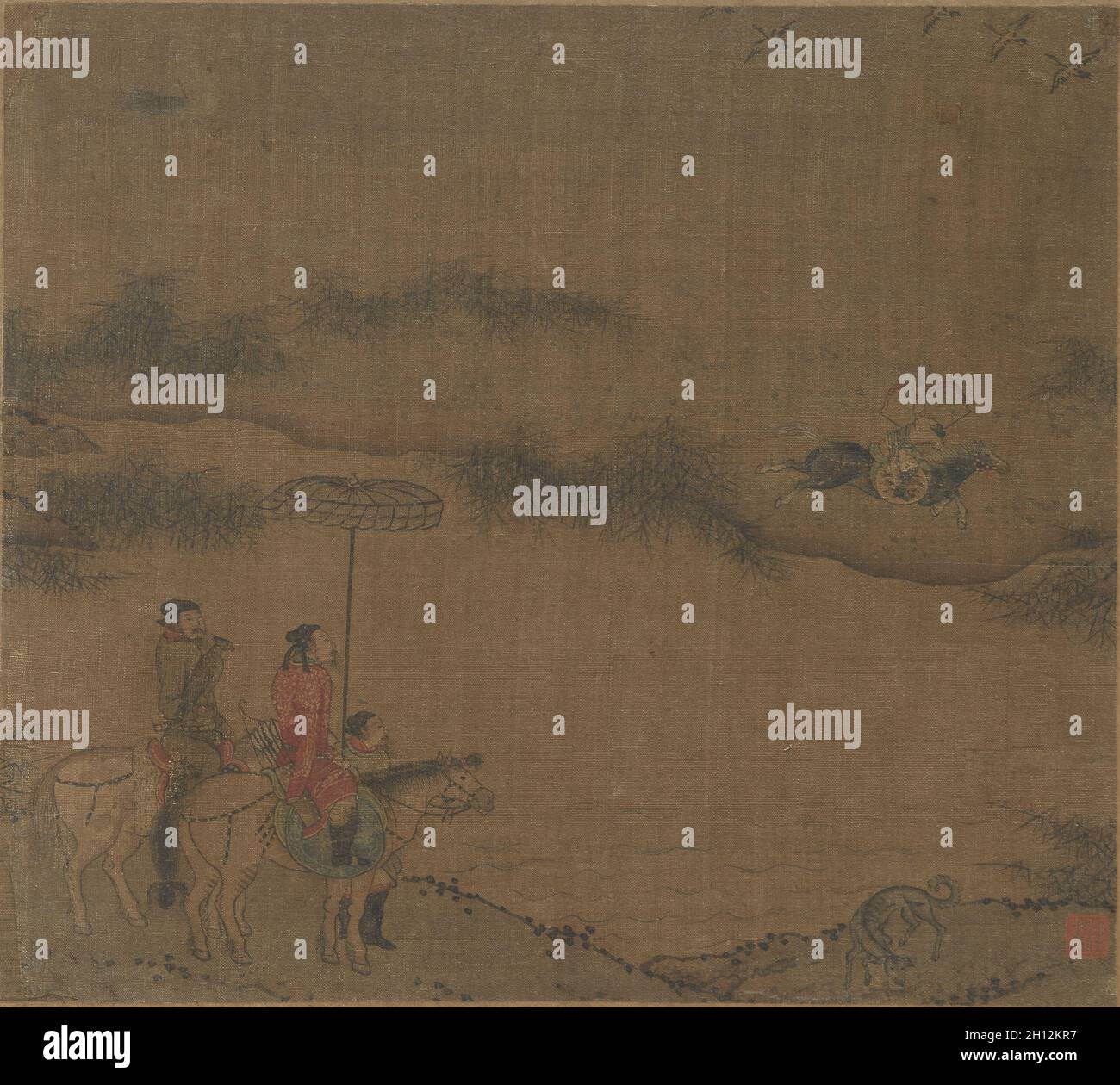 Tre cavalieri caccia oche selvatiche, 960-1279. Cina, Song Dynasty (960-1279). Album Leaf, inchiostro e colore su seta; complessivo: 21 x 23,4 cm (8 1/4 x 9 3/16 in.). Foto Stock