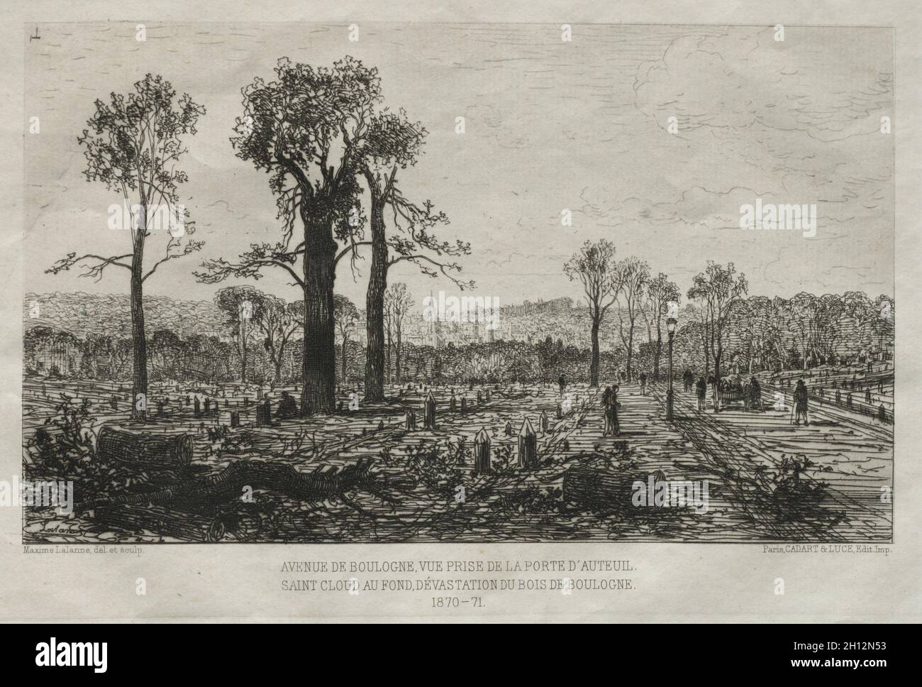 Negozio di souvenir artistiques du Siége du Paris: Avenue de Boulogne, Vue prise de la Porte d'Auteuil, St. Cloud au fond, Dévastation du Bois de Boulogne, 1879-81. Maxime Lalanne (Francese, 1827-1886), Cadant e Luce. Incisione; foglio: 28,7 x 43,2 cm (11 5/16 x 17 in.); platemark: 15,8 x 23,6 cm (6 1/4 x 9 5/16 in.). Foto Stock